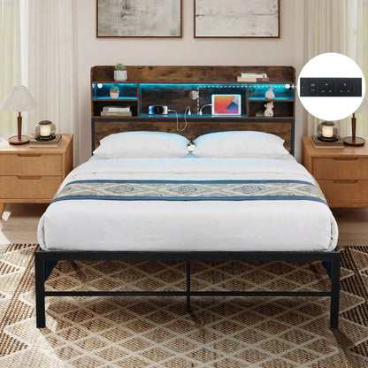 Double/King Size Bed Frame with LED Lights and Charging Station