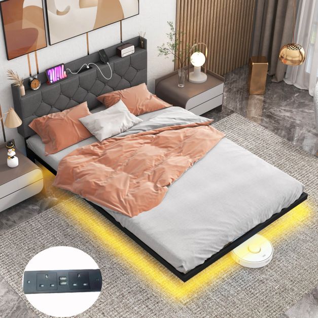 Double/King Size Floating Bed Frame with Adjustable Headboard and Charging Station
