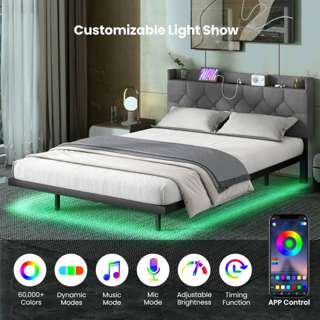 Double/King Size Floating Bed Frame with Adjustable Headboard and Charging Station