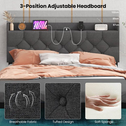 Double/King Size Floating Bed Frame with Adjustable Headboard and Charging Station
