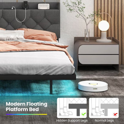 Double/King Size Floating Bed Frame with Adjustable Headboard and Charging Station