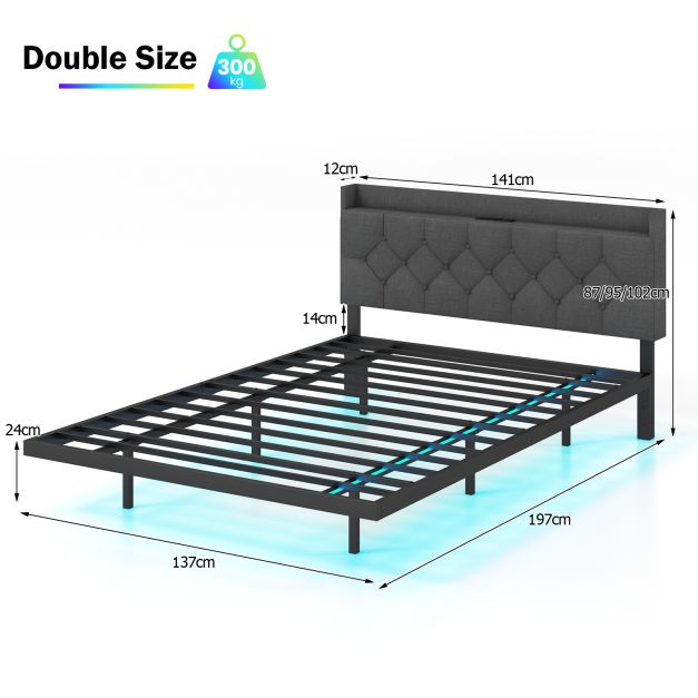 Double/King Size Floating Bed Frame with Adjustable Headboard and Charging Station