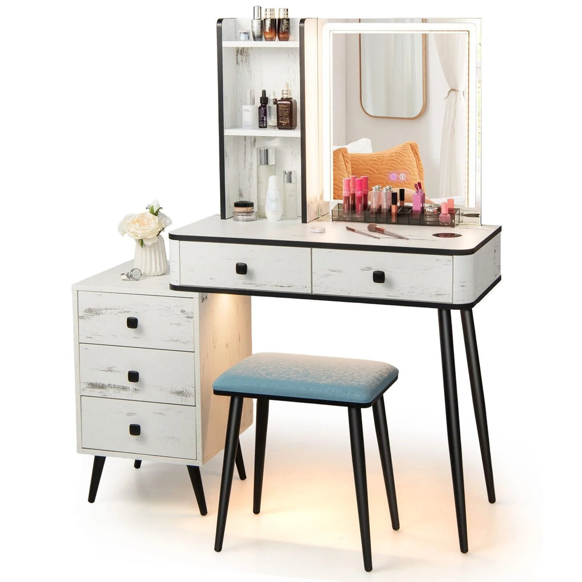 Dressing Table and Stool Set with 3-Color LED Lights Mirror, Drawers, Shelves & Charging Station, Rectangular Mirror