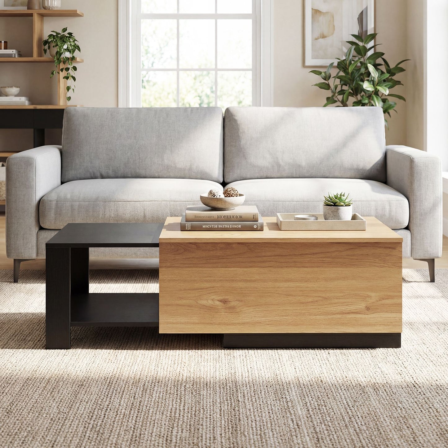 Dual-Tone Extendable Coffee Table with 2 Storage Compartments