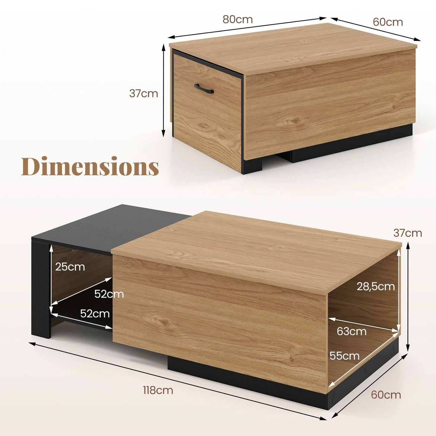 Dual-Tone Extendable Coffee Table with 2 Storage Compartments