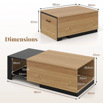 Dual-Tone Extendable Coffee Table with 2 Storage Compartments