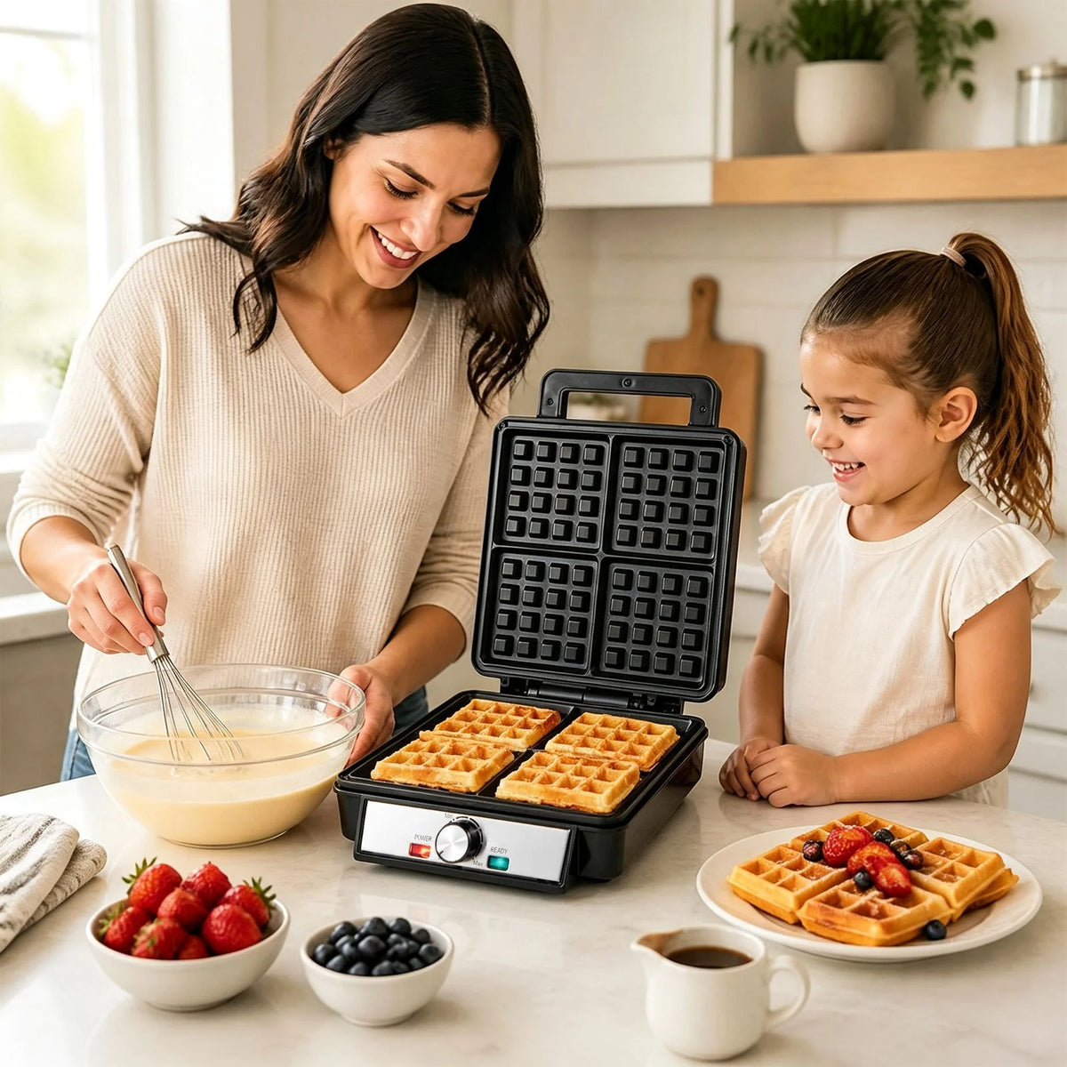 Belgian Waffle Maker 4-Slice 1200W with Browning Knob Nonstick Plates for Family