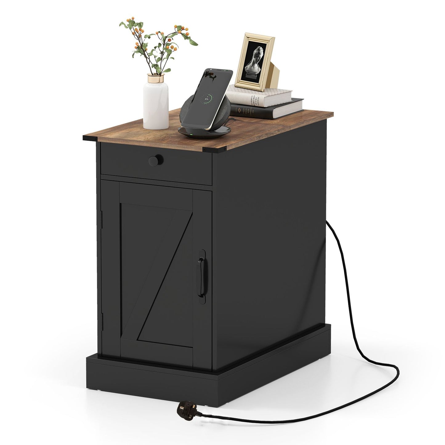 End Table with Charging Station Farmhouse Bedside Table with Storage Drawer