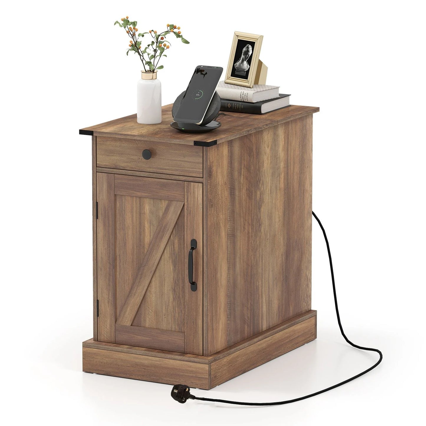 End Table with Charging Station Farmhouse Bedside Table with Storage Drawer