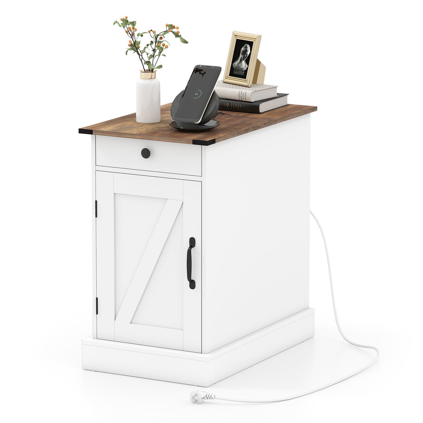 End Table with Charging Station Farmhouse Bedside Table with Storage Drawer