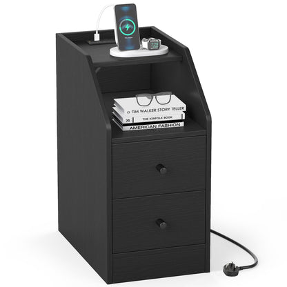 End Table with Charging Station & Storage Drawers for Small Space Living Room Bedroom
