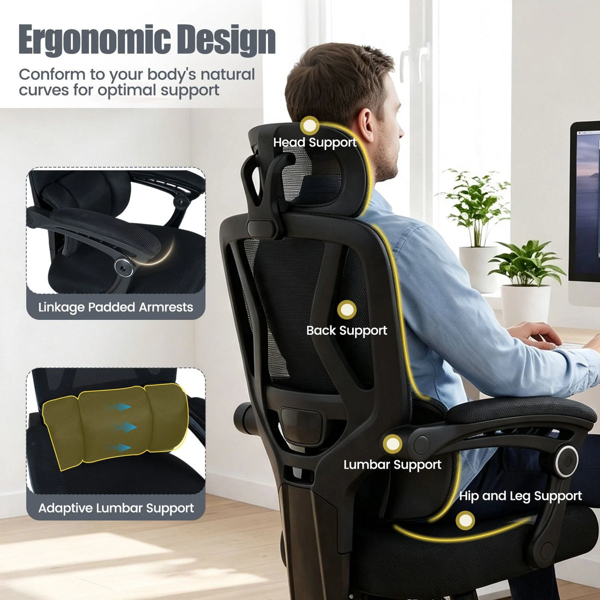 Ergonomic Office Computer Mesh Chair with High Back and Adaptive Lumbar Support