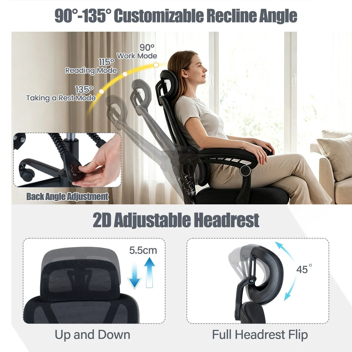 Ergonomic Office Computer Mesh Chair with High Back and Adaptive Lumbar Support
