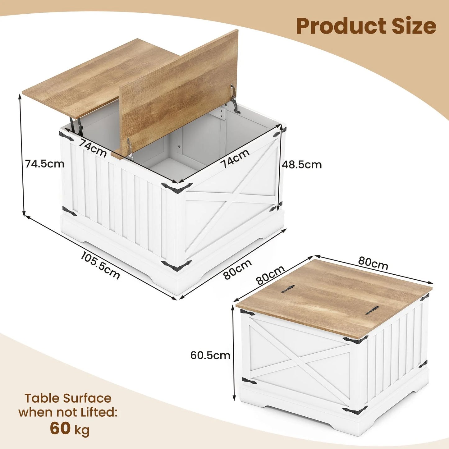 Farmhouse Lift Top Coffee Table 80CM Square Center Table with Hidden Storage Compartment