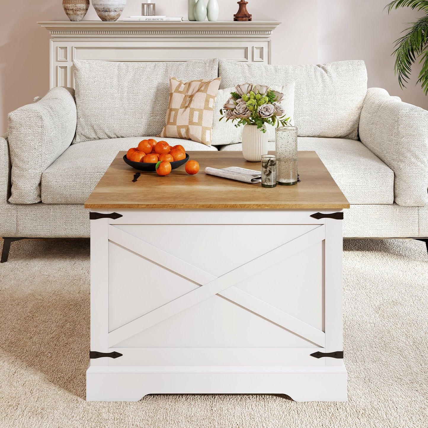 Farmhouse Lift Top Coffee Table 80CM Square Center Table with Hidden Storage Compartment