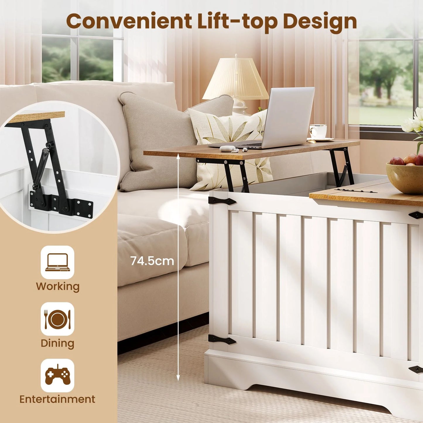 Farmhouse Lift Top Coffee Table 80CM Square Center Table with Hidden Storage Compartment