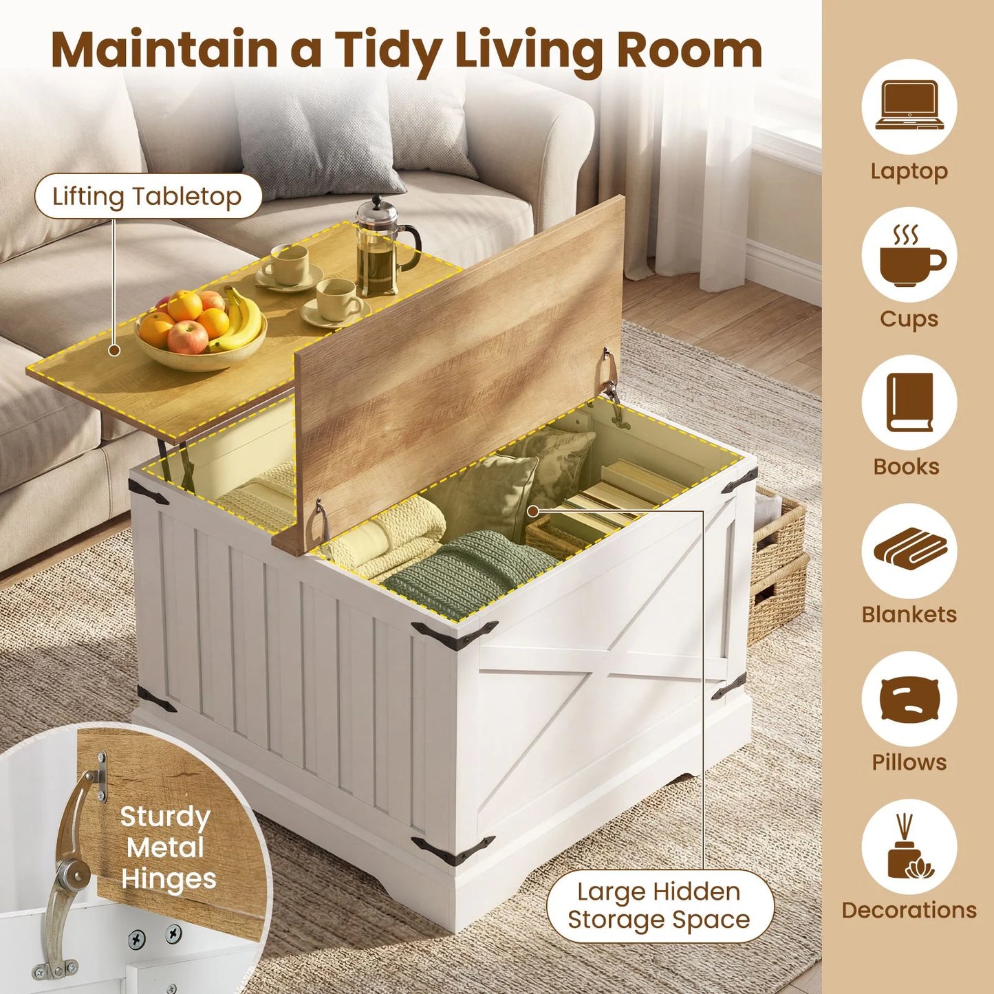 Farmhouse Lift Top Coffee Table 80CM Square Center Table with Hidden Storage Compartment