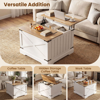 Farmhouse Lift Top Coffee Table 80CM Square Center Table with Hidden Storage Compartment