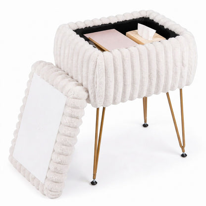 Faux Fur Ottoman with Metal Legs and 2-in-1 Design for Living Room Bedroom