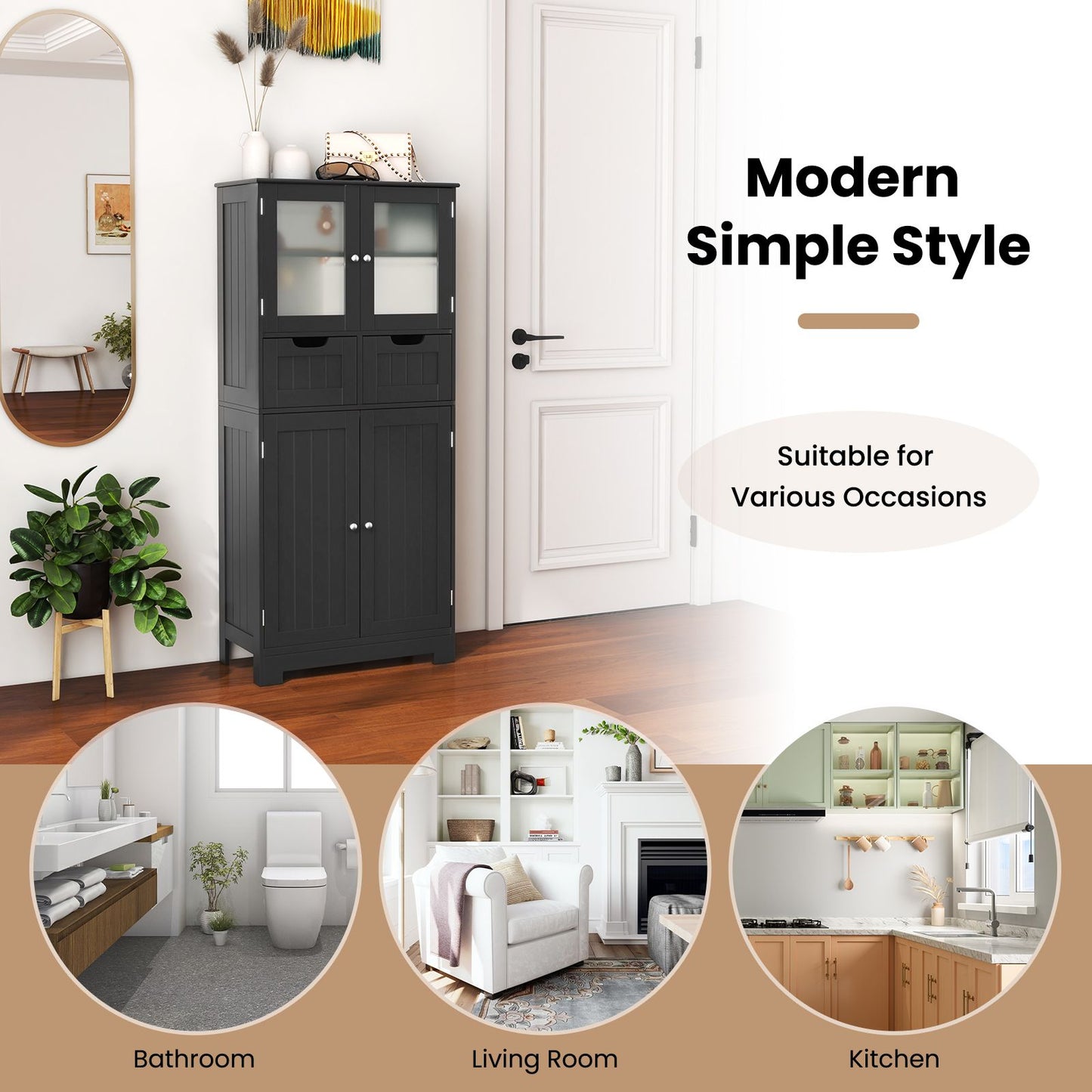 Floor Storage Cabinet with 2 Glass Doors
