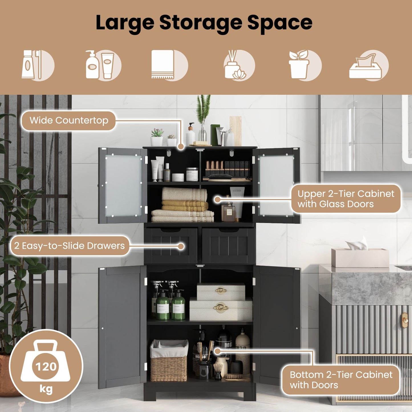 Floor Storage Cabinet with 2 Glass Doors