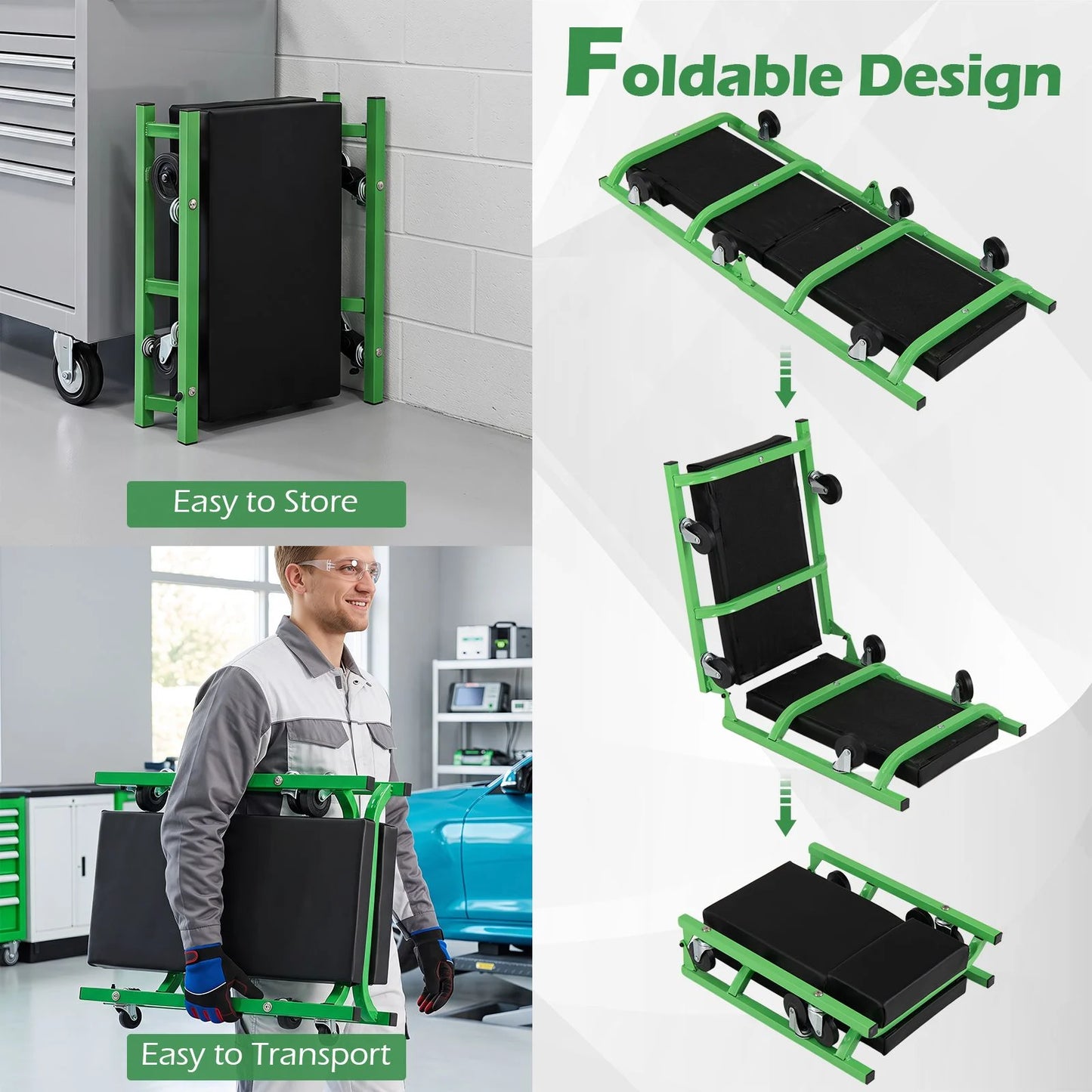 Foldable Automotive Creeper with 360° Swivel Wheels & Thick Cushion for Garage