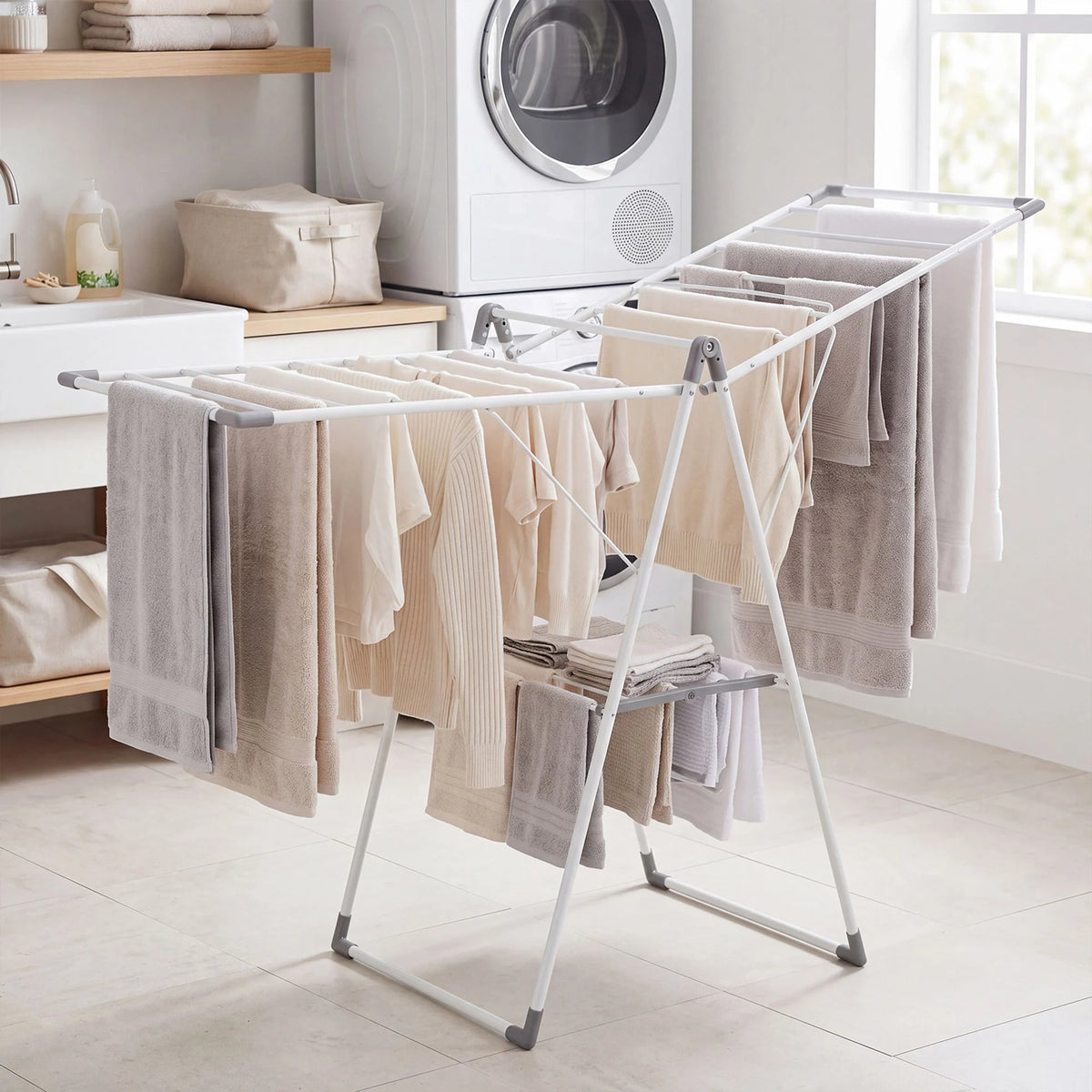 Foldable Clothes Drying Rack with 3-Level Adjustable Wings Space-Saving Collapsible Laundry Rack