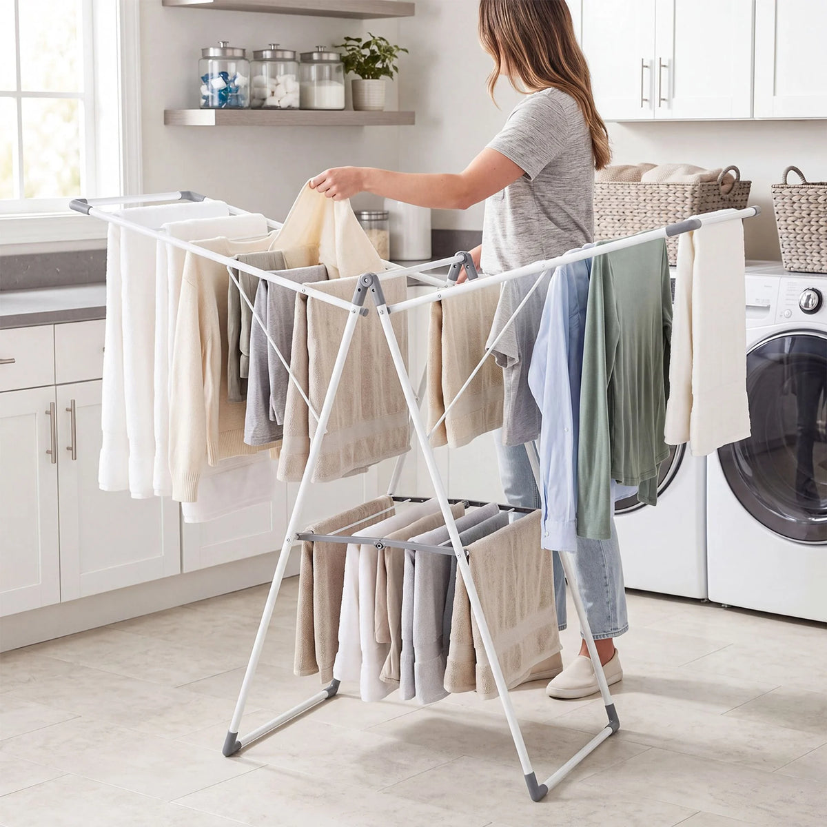 Foldable Clothes Drying Rack with 3-Level Adjustable Wings Space-Saving Collapsible Laundry Rack