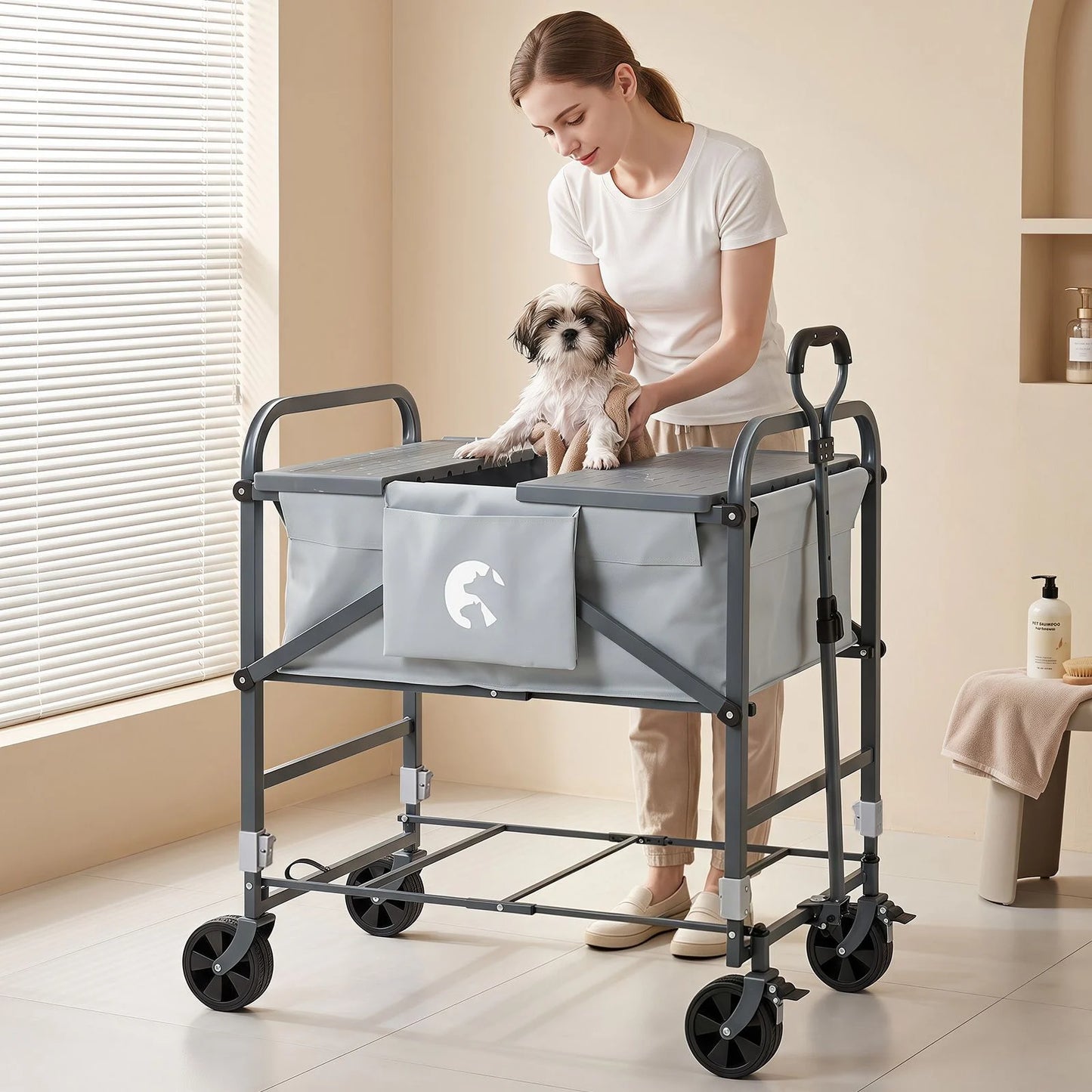 Foldable Dog Bath Cart with Adjustable Height and 4 Wheels for Pets