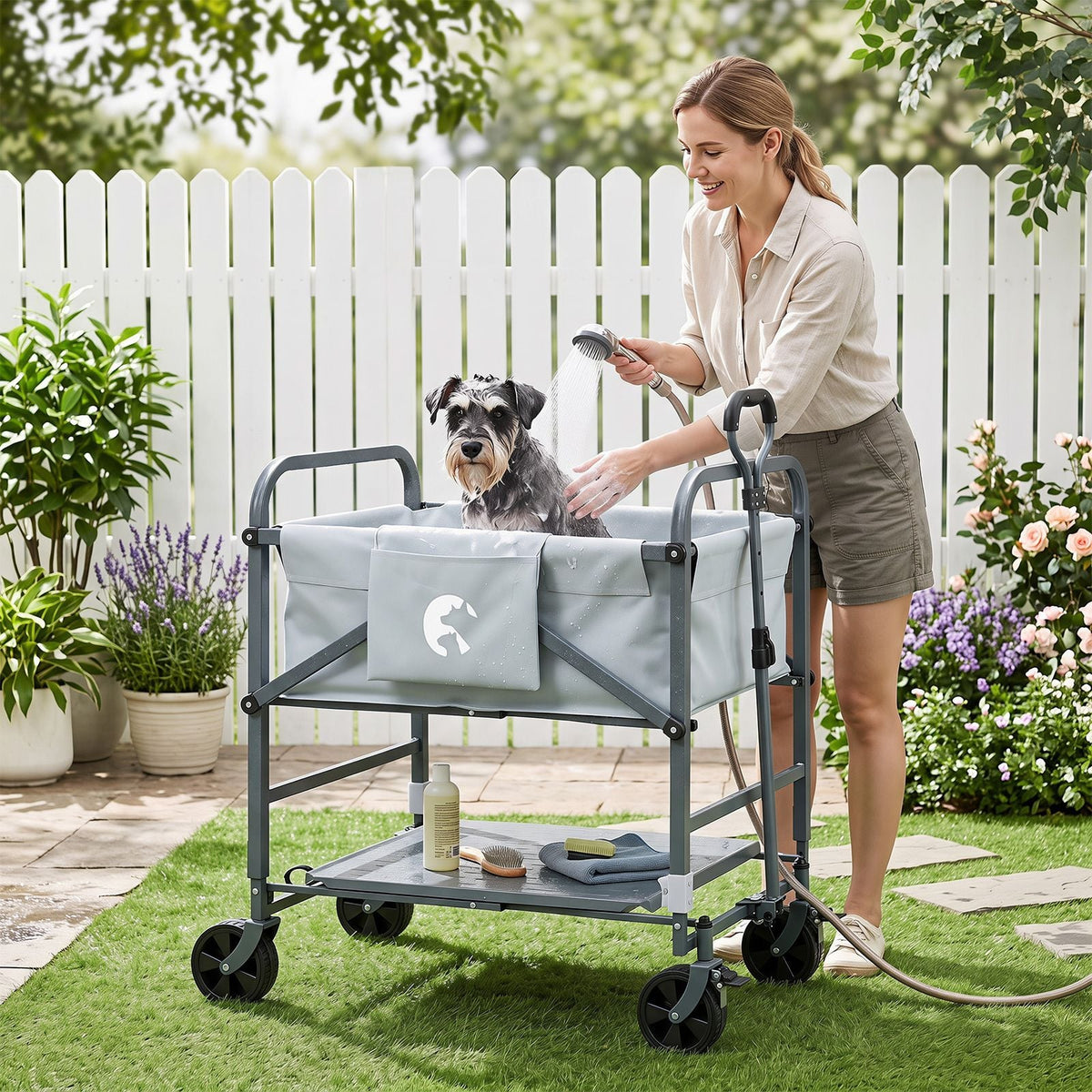 Foldable Dog Bath Cart with Adjustable Height and 4 Wheels for Pets