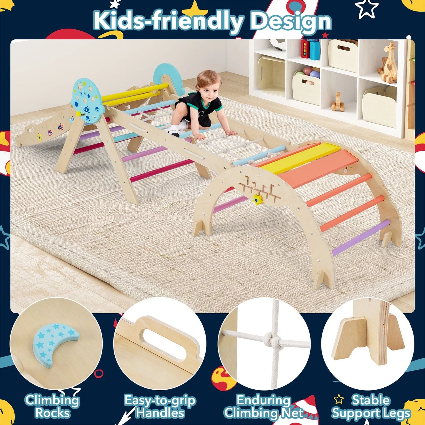 Wooden Montessori Climbing Set with Climbing Rope and Ladder