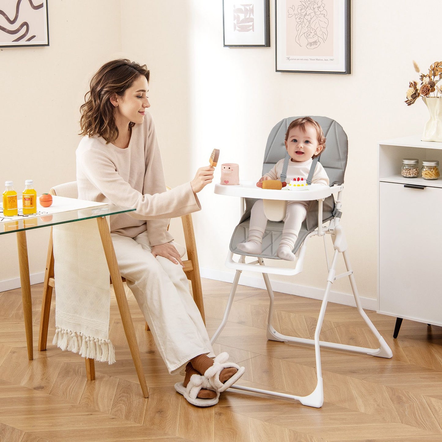 Foldable Baby Highchair Infant Dining Chair with 3-Position Adjustable Tray & Footrest