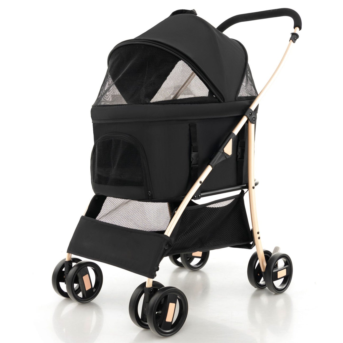 Foldable Pet Stroller with 4-Level Adjustable Canopy and Storage Basket