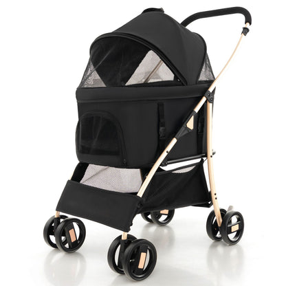 Foldable Pet Stroller with 4-Level Adjustable Canopy and Storage Basket