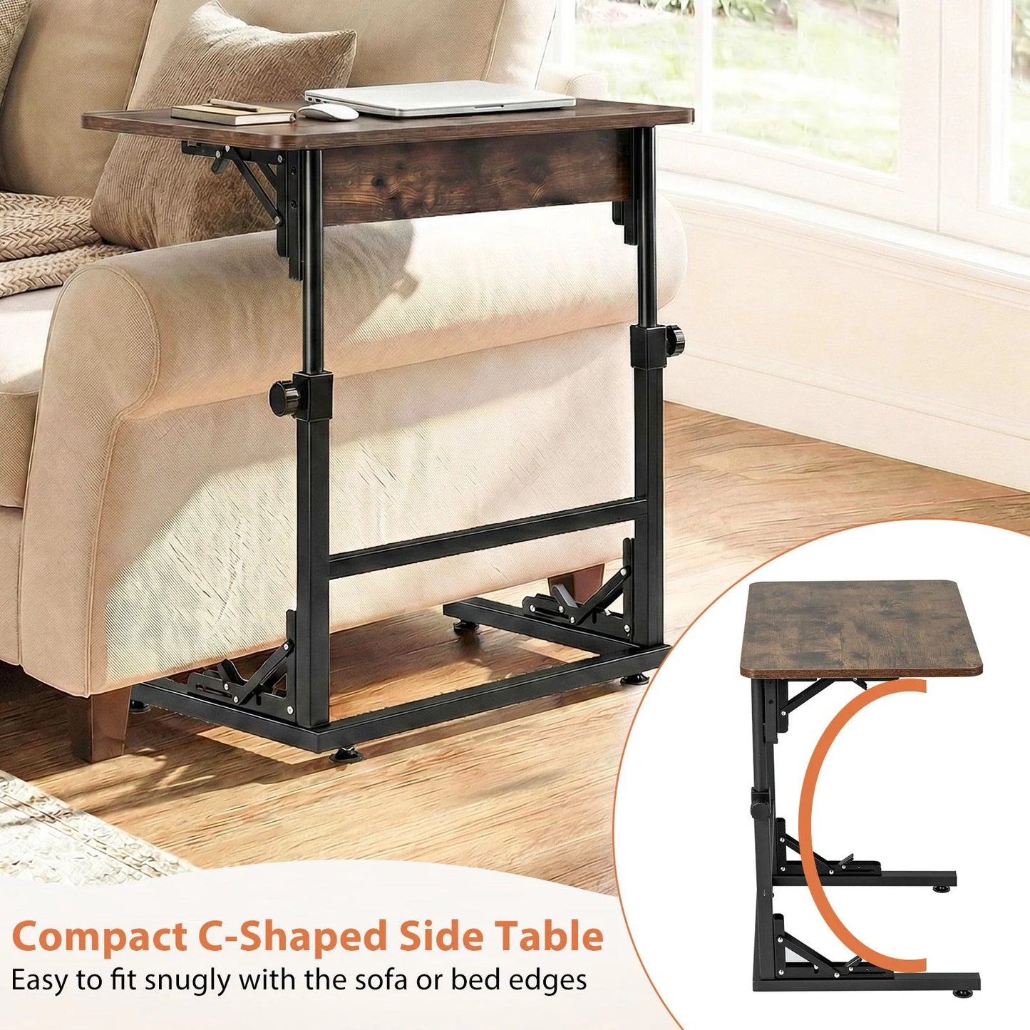 Folding C-Shaped End Table with Metal Frame for Living Room