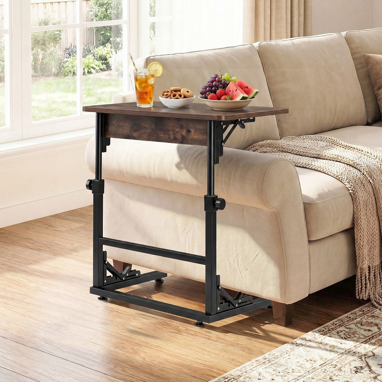 Folding C-Shaped End Table with Metal Frame for Living Room