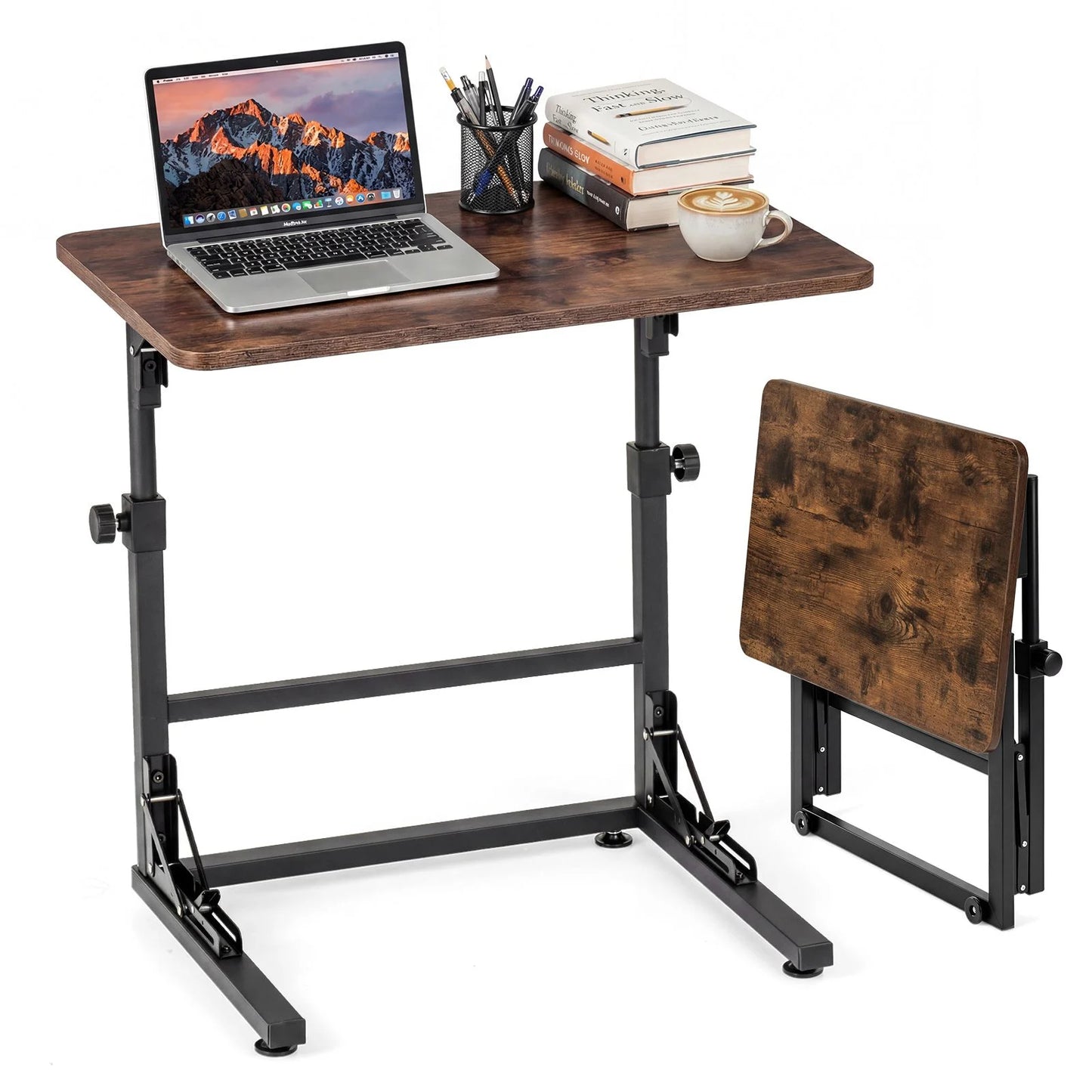 Folding C-Shaped End Table with Metal Frame for Living Room