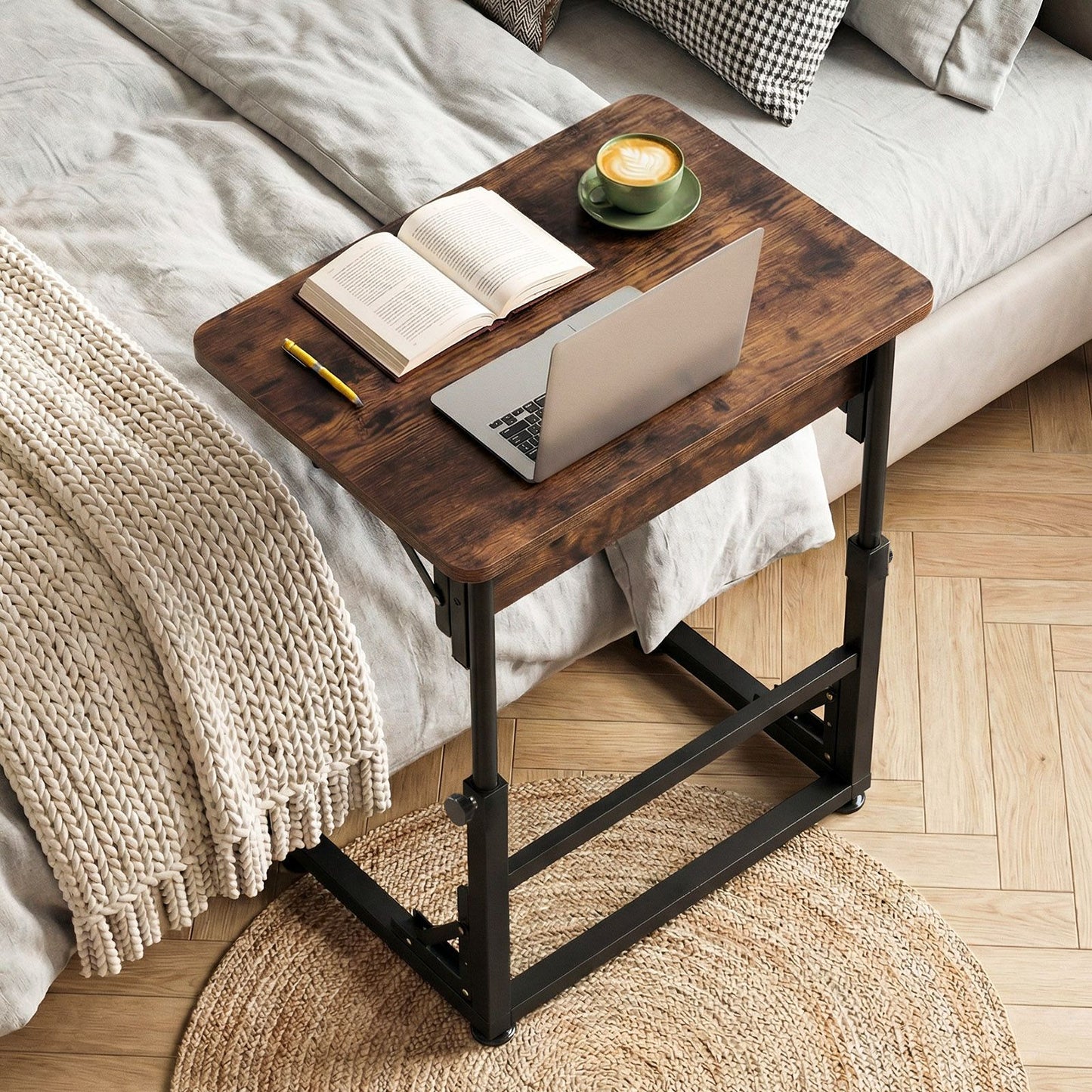 Folding C-Shaped End Table with Metal Frame for Living Room