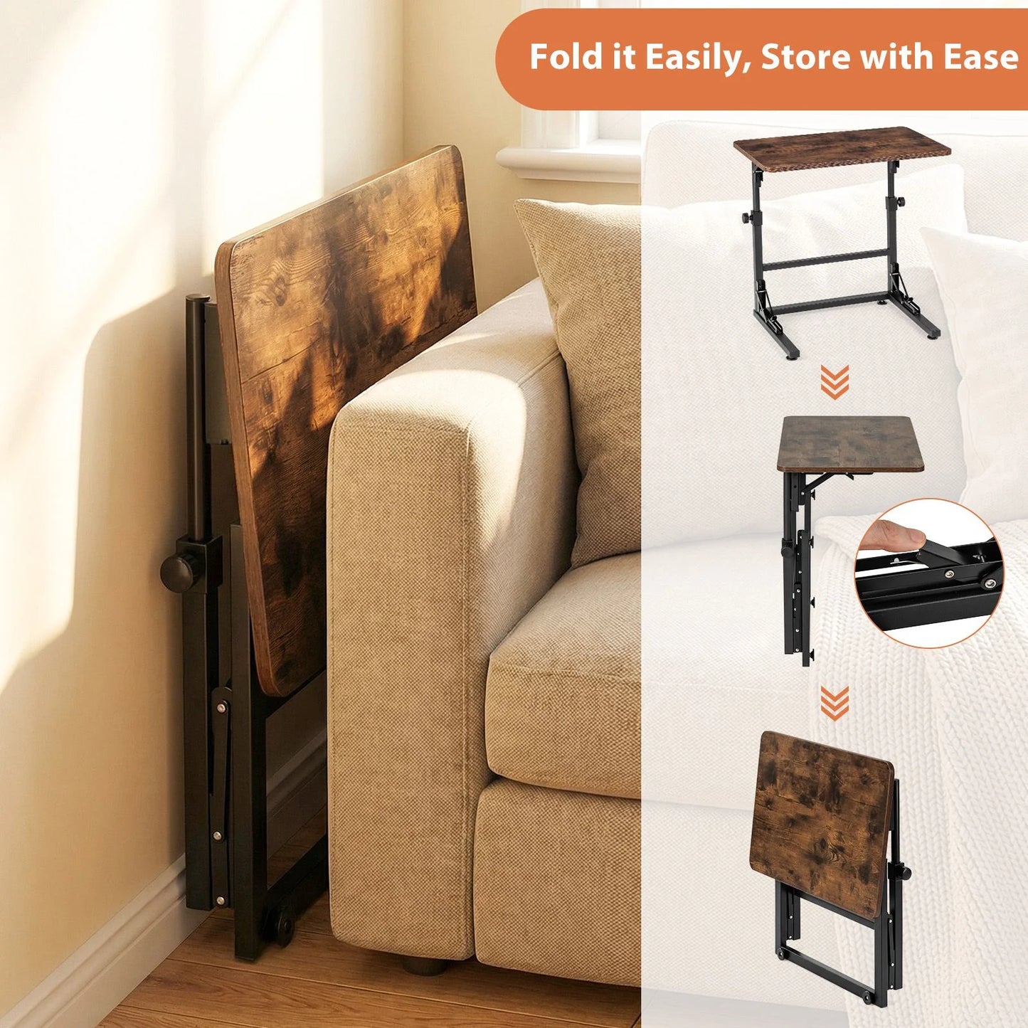 Folding C-Shaped End Table with Metal Frame for Living Room