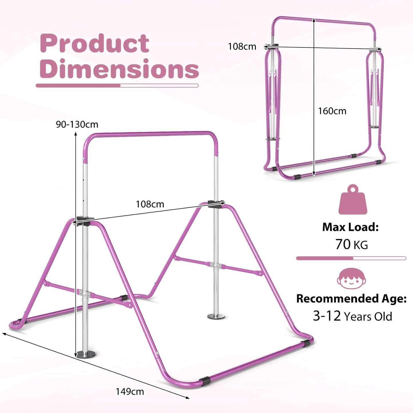 Folding Gymnastics Bar, Height Adjustable Horizontal Kip Bars with Anti-slip Base