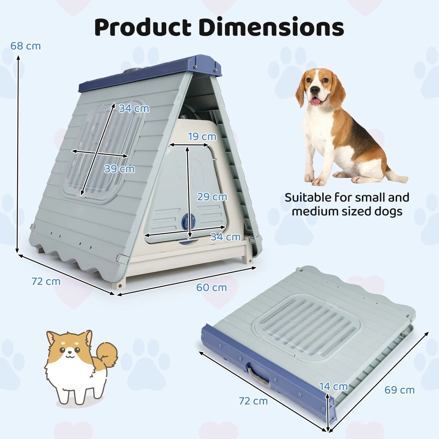 Folding Plastic Dog House with Lockable Flap Door Waterproof Pet Shelter