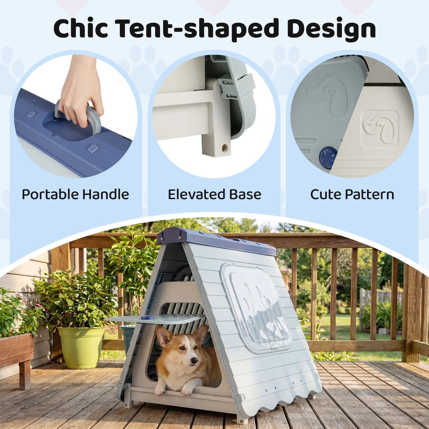 Folding Plastic Dog House with Lockable Flap Door Waterproof Pet Shelter