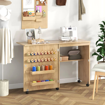 Folding Sewing Table, Rolling Drop Leaf Sewing Workstation Computer Desk