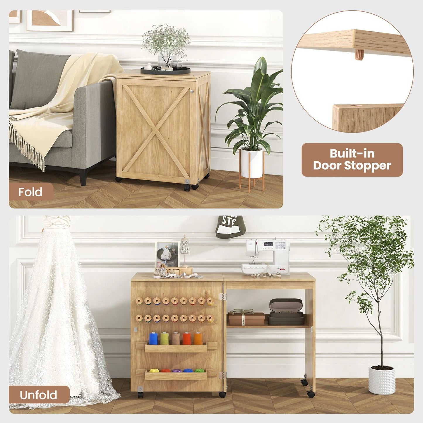 Folding Sewing Table, Rolling Drop Leaf Sewing Workstation Computer Desk
