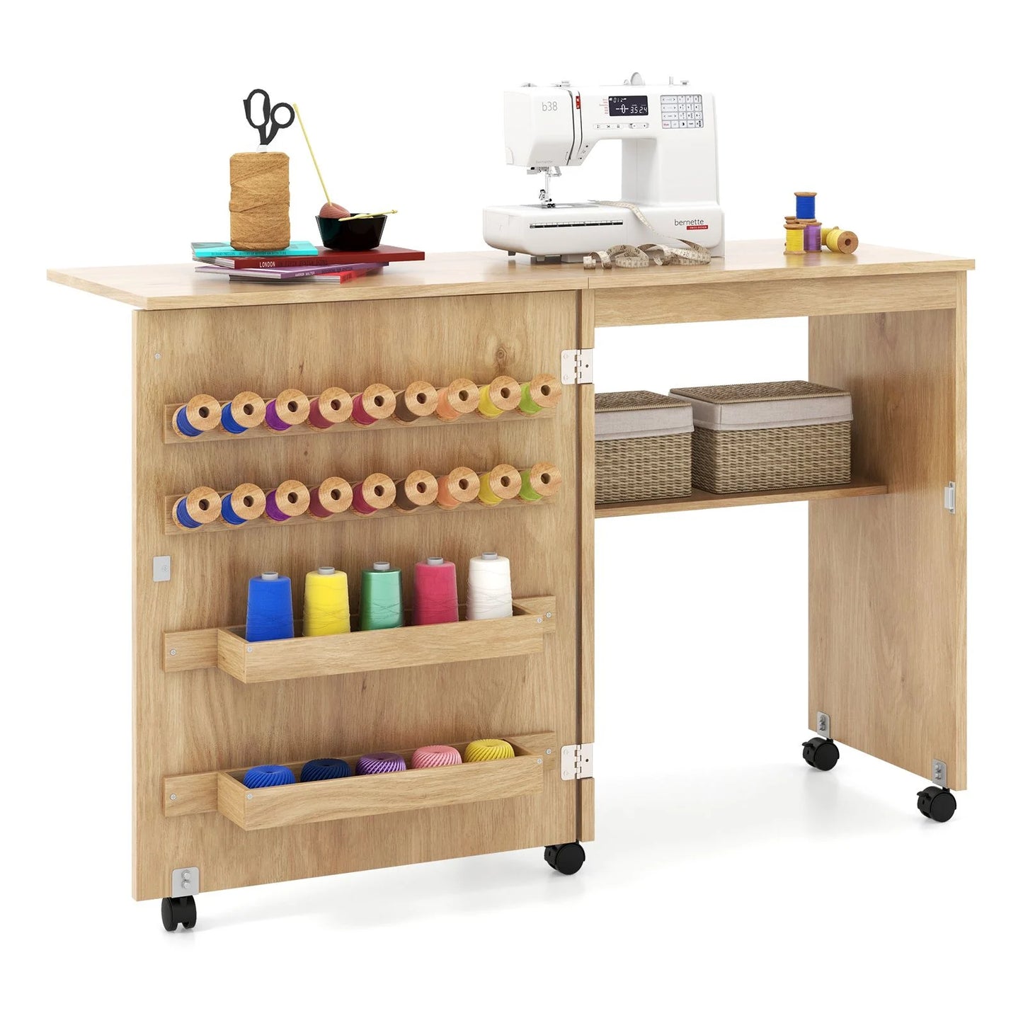 Folding Sewing Table, Rolling Drop Leaf Sewing Workstation Computer Desk