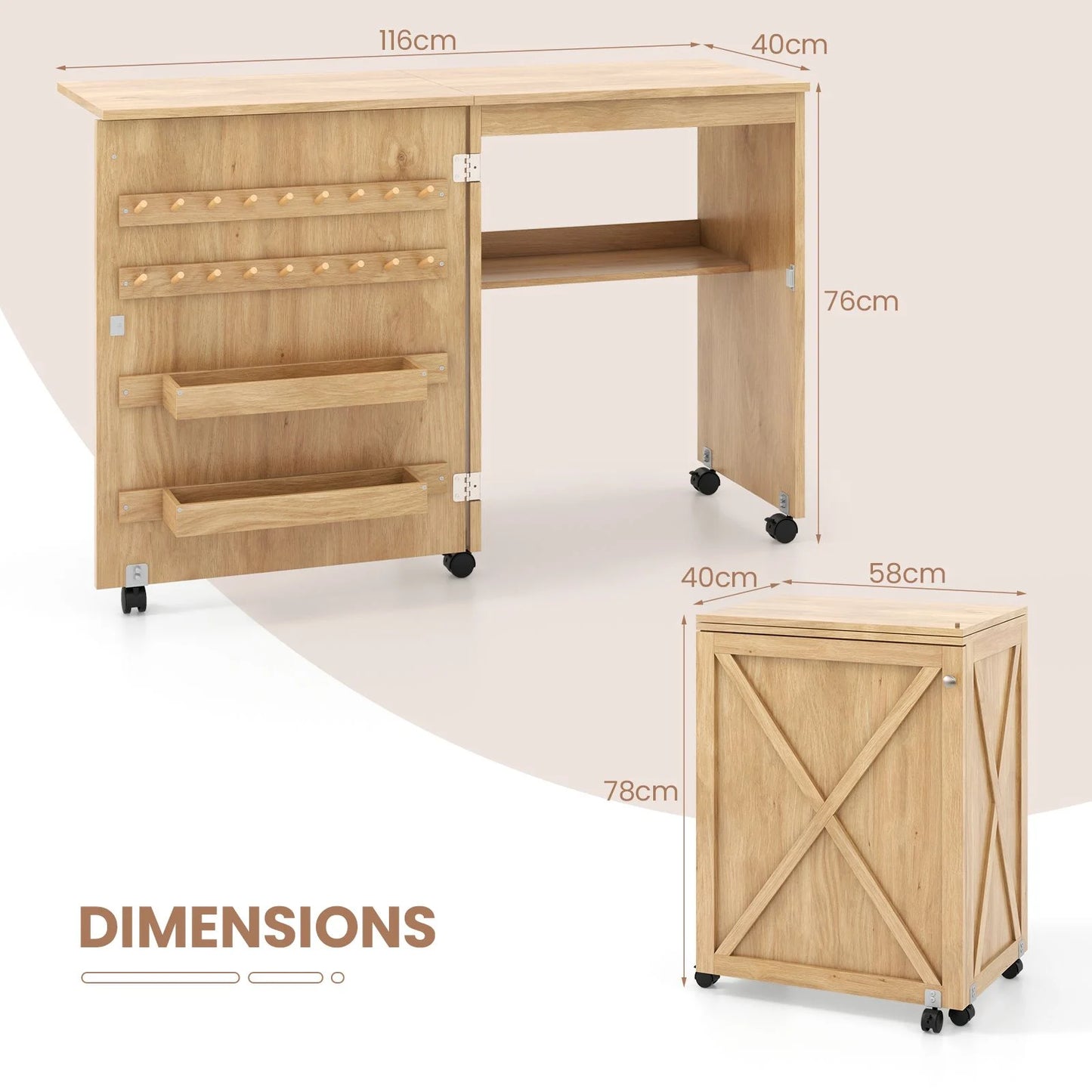 Folding Sewing Table, Rolling Drop Leaf Sewing Workstation Computer Desk