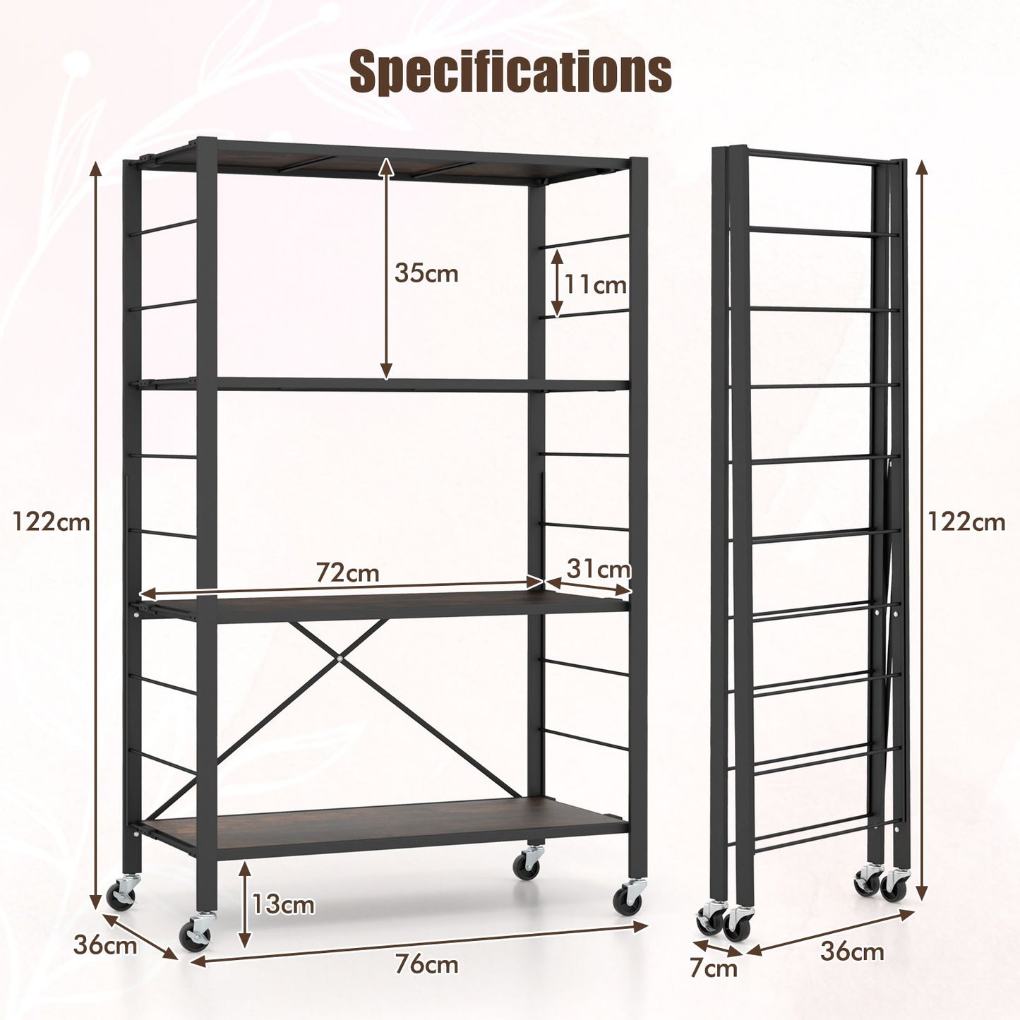 GiantexUK 3/4/5-Tier Storage Cart, Foldable Metal Frame Shelving Unit with Wheels, Adjustable Shelves & Anti-Tipping Device