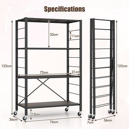 GiantexUK 3/4/5-Tier Storage Cart, Foldable Metal Frame Shelving Unit with Wheels, Adjustable Shelves & Anti-Tipping Device
