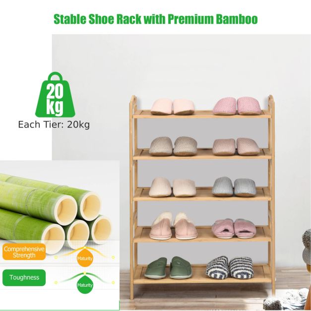 5-Tier Free Standing Bamboo Shoe Rack with Two Rounded Handles