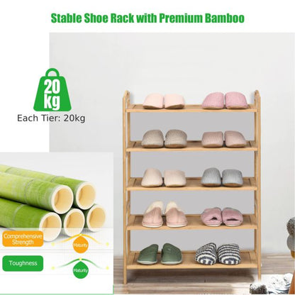 5-Tier Free Standing Bamboo Shoe Rack with Two Rounded Handles